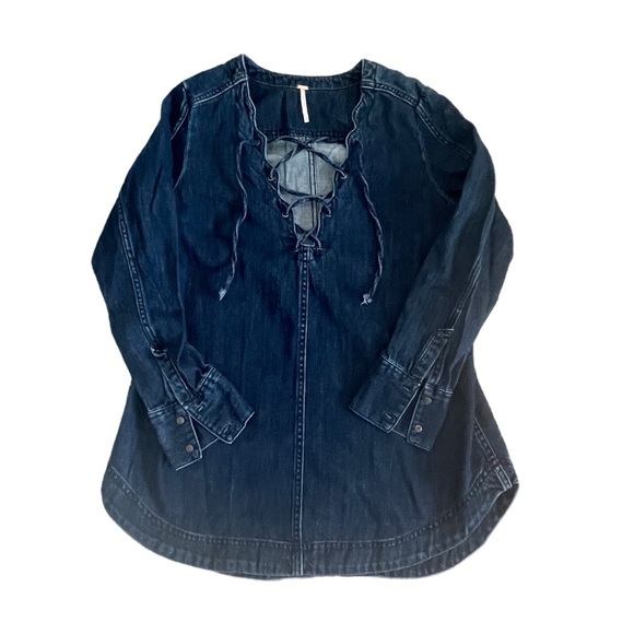 Free People Small Neopolitan Dreams Denim Tunic Lace‎ Up Long Sleeve Cotton Boho - Picture 1 of 9